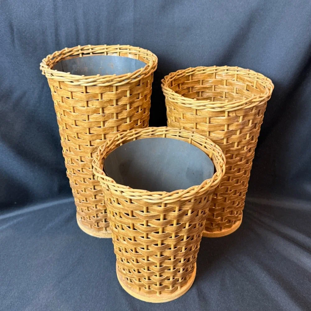 Vintage 3pc Set Woven Wicker Display Basket Vases w/ 2 Metal Liners 14